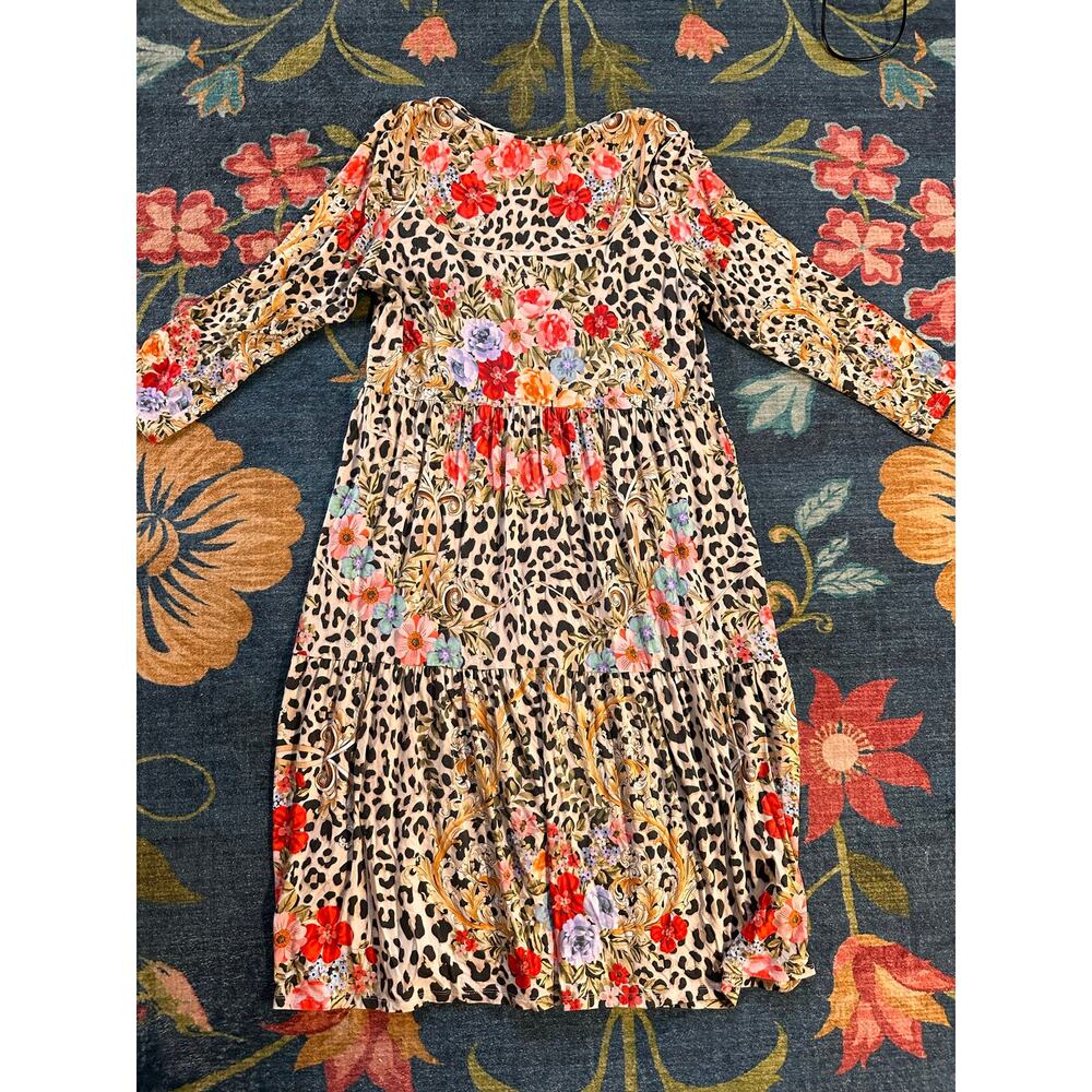 Johnny Was Cheetah Tiered Tea Length Dress Size Large - Picture 3 of 5